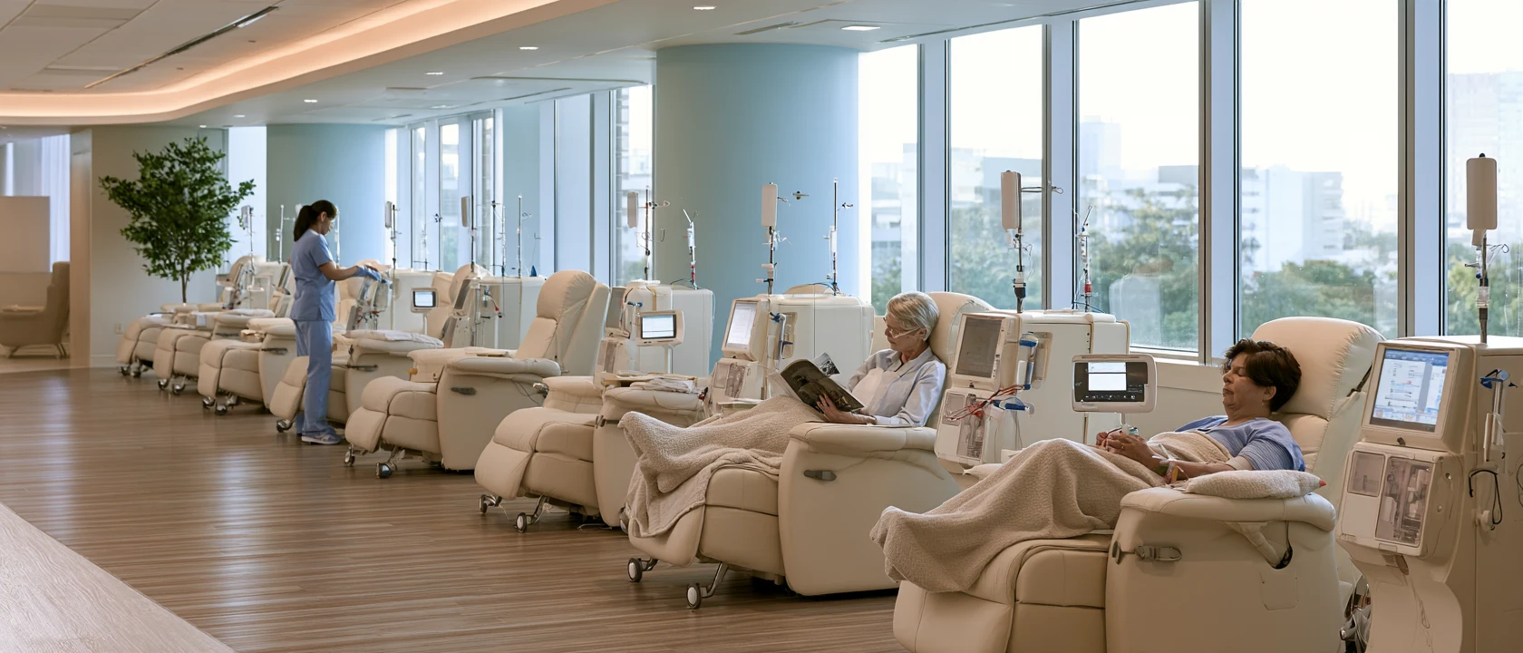 A bright dialysis treatment floor with a row of reclining chairs, two patients resting under blankets and a nurse at a machine