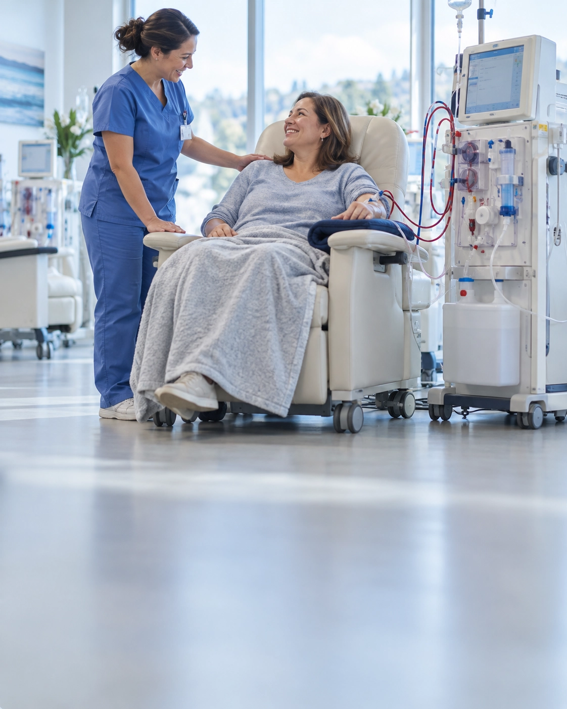A nurse in blue scrubs welcoming a woman settling into a dialysis chair