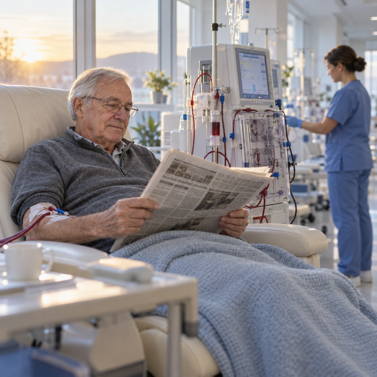 An older man reading a newspaper in a dialysis chair at sunrise while a nurse checks a machine behind him