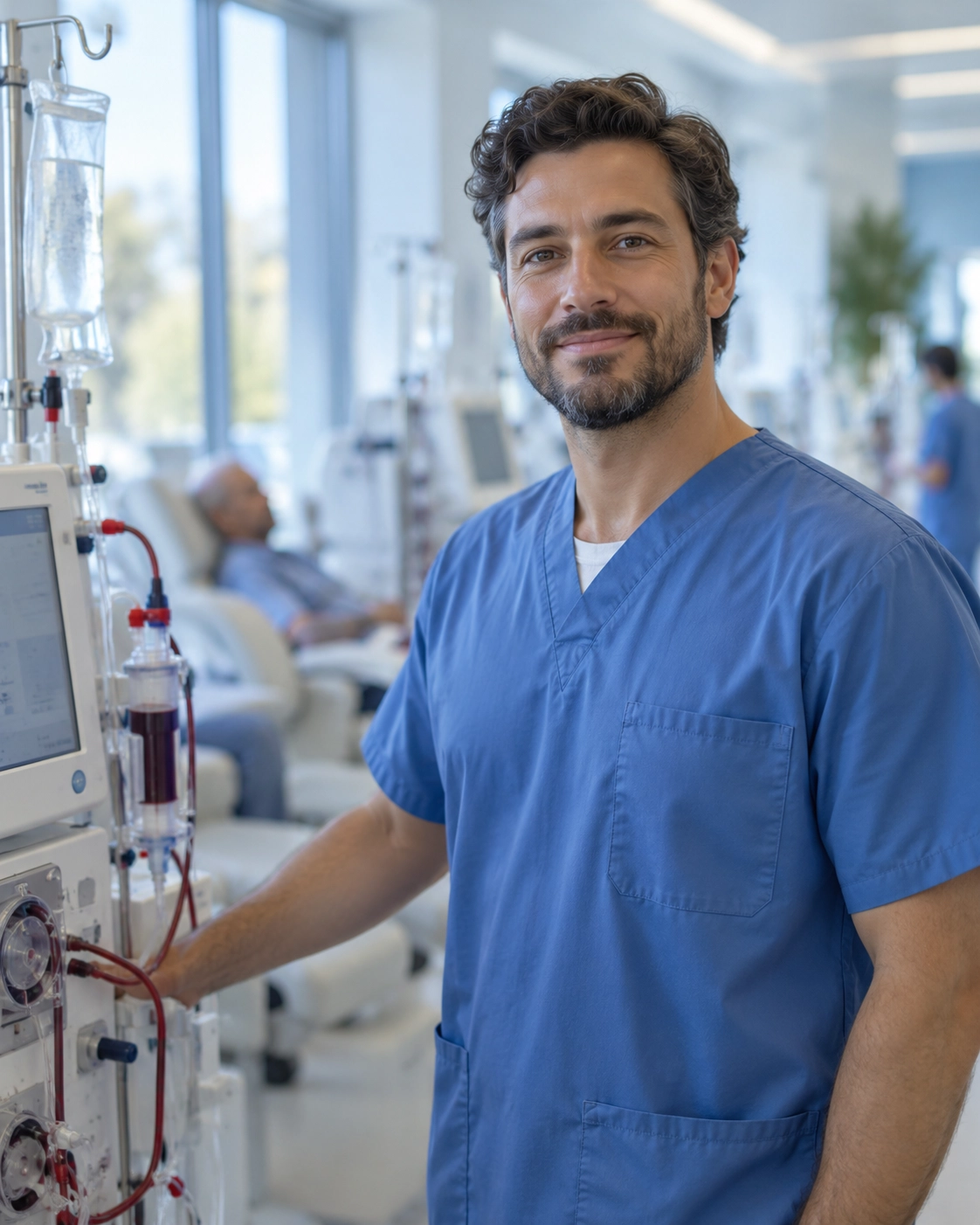 A dialysis technician in blue scrubs standing beside a dialysis machine